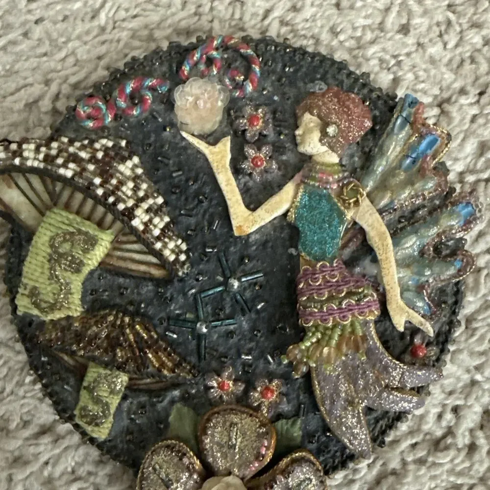 Vintage Beaded hand mirror with fairy mushroom and floral patterns